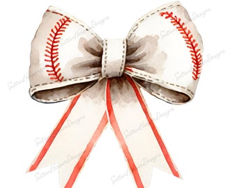 Red and White Baseball Ribbon Bow Coquette png, Coquette baseball png, baseball bow illustration png, girly baseball png, baseball ribbon