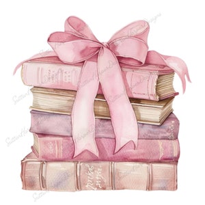 May include: A stack of vintage books tied together with a large pink satin bow. The books have aged pages and worn leather covers.
