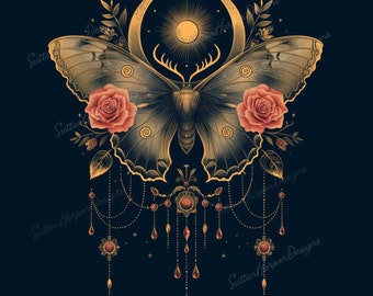 Celestial Moth Boho Dark Academia Moon PNG, Witchcore cottagecore moon moth PNG, trendy png, moth png, moon png, moon svg, boho png