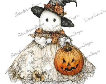 Vintage Ghost PNG, Cute ghost png, Halloween png, Spooky clipart, trending ghost png, viral fall png, lace ghost png