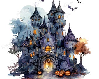 Château d'Halloween effrayant PNG, aquarelle château d'Halloween maison hantée PNG, maison hantée png, maison d'halloween png, png effrayant, png à la mode