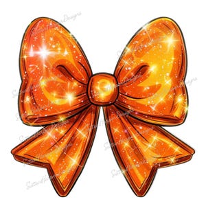 May include: A large orange glitter bow with a shiny, sparkly finish. The bow is tied in a classic shape with two loops and a centre knot.