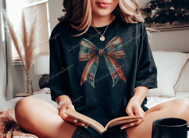 Plaid Christmas Bow PNG, Plaid Coquette Christmas Bow png design, Cute Christmas bow png, red and green plaid bow png, xmas bow png image 2
