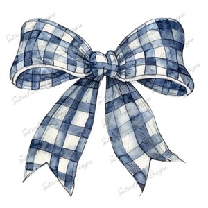 Navy Blue Gingham Ribbon Bow PNG watercolor illustration, Gingham bow png, coquette bow png, cute blue bow png, blue bow clipart png