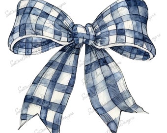 Navy Blue Gingham Ribbon Bow PNG watercolor illustration, Gingham bow png, coquette bow png, cute blue bow png, blue bow clipart png
