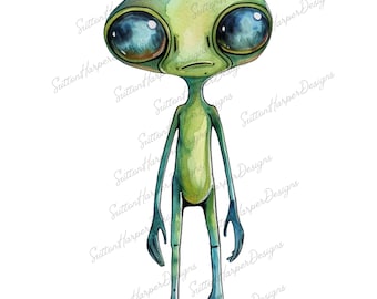 Green Alien png, Green alien watercolor illustration png, extraterrestrial png, alien png, we are not alone png, cute alien png, trendy png