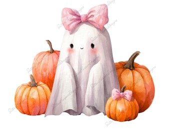 Cute Ghost with Pumpkins Pink Bow PNG, Coquette Halloween png, cute ghost png, halloween png, ghost pink bow png, viral halloween png, pngs