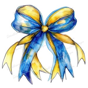 May include: A watercolor illustration of a blue and yellow bow. The bow is tied with a yellow ribbon and has a blue center.