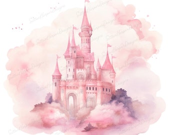 Ilustração de castelo de aquarela rosa de conto de fadas mágico PNG castelo de princesa rosa png download digital imagem de clipart ilustração em aquarela