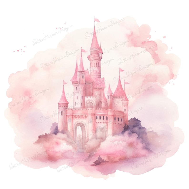 Magical Fairytale Pink Watercolor Castle Illustration PNG Pink Princess ...