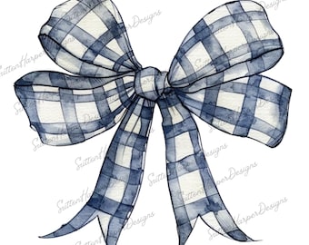 Navy Blue Gingham Coquette Bow watercolor illustration PNG, Blue Gingham Bow png, Coquette bow png, gingham bow png, trending blue bow png