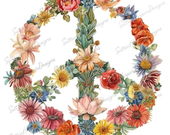 Boho Flower Vintage Aesthetic Peace Sign illustration PNG, floral peace sign png, hippie boho peace sign made up of flowers png, vintage png