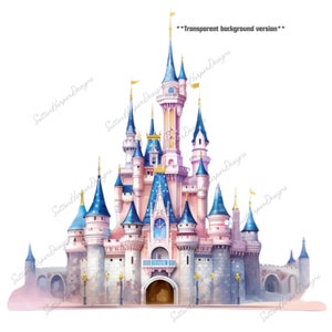 Pode incluir: Uma ilustra&ccedil;&atilde;o em aquarela de um castelo rosa e azul com m&uacute;ltiplas torres e pin&aacute;culos. O castelo tem uma grande entrada arqueada e &eacute; cercado por um fosso.