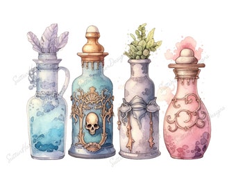 Spooky Halloween Potion Bottles PNG, Boho Style Cottagecore Whimisgoth Illustration PNG, Cottagecore Halloween Potion Bottles Watercolor PNG