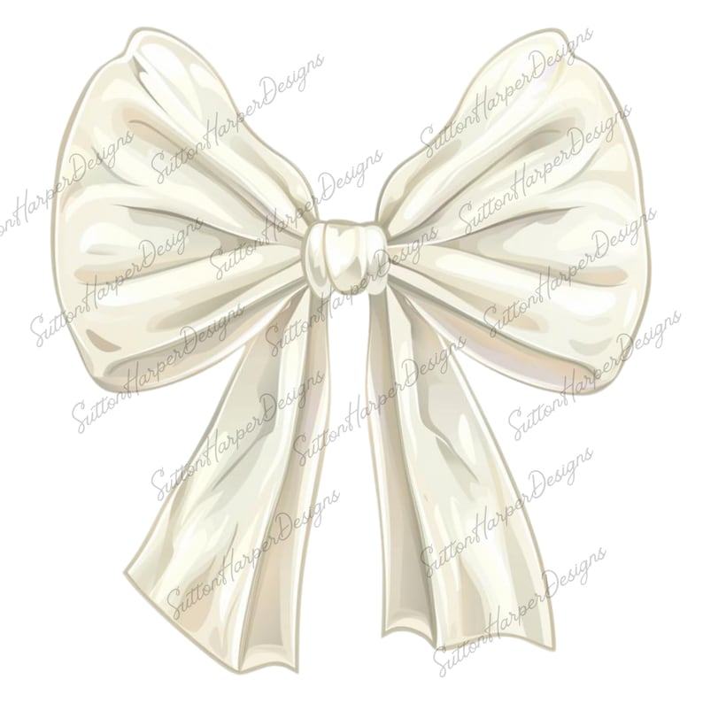 May include: A large, white satin bow with a center loop and two long tails. The bow is tied in a classic style and has a soft, elegant look.