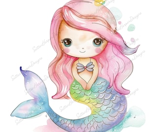 Watercolor Kawaii Pastel Mermaid Clipart Illustration PNG, Cute Mermaid png, Watercolor Mermaid Ocean png, Girls Room Png, Kawaii girly png