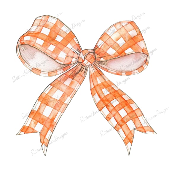 Orange and White Gingham Coquette Ribbon Tied into a Bow PNG, orange gingham bow png, orange coquette png, trending bow png, coquette pngs