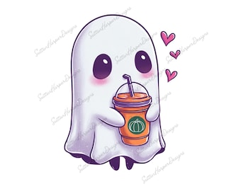 Cute Chibi Ghost with Pumpkin Spice Latte PNG, Cute ghost png, Halloween png, Spooky ghost png, pumpkin spice latte png, chibi ghost png
