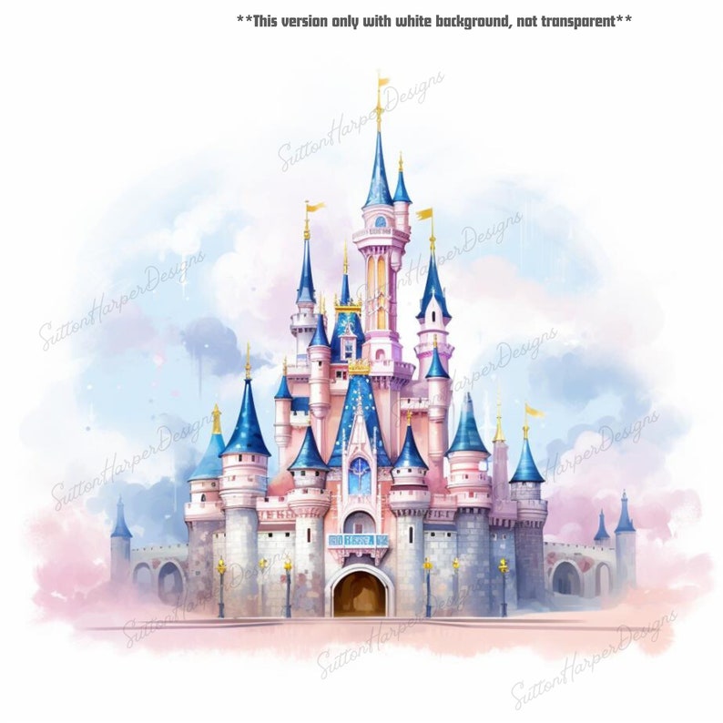 Pode incluir: Uma ilustra&ccedil;&atilde;o em aquarela de um castelo rosa e azul com torres brancas e um telhado dourado. O castelo &eacute; cercado por nuvens e um c&eacute;u azul claro.