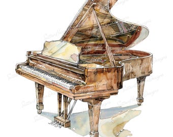 Può includere: Un dipinto ad acquerello di un pianoforte a coda con il coperchio aperto. Il pianoforte è marrone con accenti dorati e ha una tastiera bianca e nera. Il pianoforte è su uno sfondo bianco.