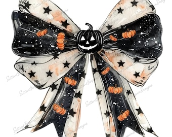 Halloween Jack-O-Lantern Pumpkin Ribbon tied into a Bow PNG illustration t shirt design, Cute Halloween Bow PNG, Coquette Halloween bow PNG
