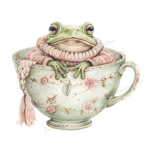 Rana Cottagecore en taza de té en suéter PNG, linda rana Cottagecore PNG, rana en suéter rosa png, taza de té a la hora del té de rana png, sapo en taza de té png