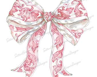 Pink Chinoiserie Coquette Bow PNG, Pink Coquette Ribbon Bow PNG, Cute Bow PNG, coquette bow png, bow pngs, floral print bow png, ribbon png