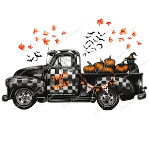 Griezelige Halloween-vrachtwagen png, leuke halloween png, geruite halloween-vrachtwagen png, zwarte katheks png, pompoenen png, halloween shirtontwerp png