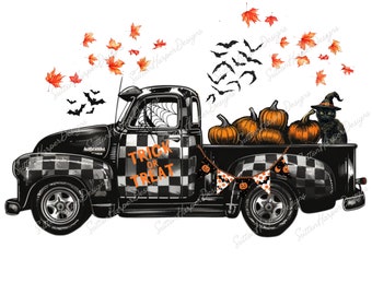 Spooky Halloween Truck PNG, Cute Halloween png, checkered halloween truck png, black cat witch png, pumpkins png, halloween shirt design png