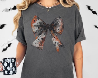Dark Coquette Halloween Bow PNG watercolor illustration, Orange and Black Bow png, Halloween Ribbon bow png, Spooky Coquette bow png design