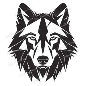 May include: Black and white geometric illustration of a wolf's head. The wolf's eyes are large and the nose is pointed.
