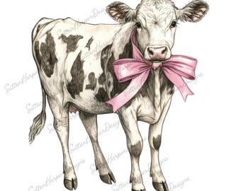 Coquette Cow Vintage Illustration PNG, Cow with a Pink Bow PNG, Cow PNG, Cute Cow png, Coquette cowgirl png, coquette western png, cow png