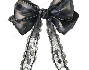 Black Lace Coquette Ribbon Bow PNG design, Black Halloween bow png, Dark Coquette bow png, Black Lace Ribbon Bow png, Coquette aesthetic png
