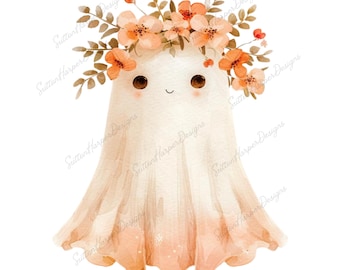 Uroczy Boho Kwiatowy Duch Halloween PNG, Boho duch png, cottagecore duch png, modny duch png, wirusowy duch png, duch png, upiorny png