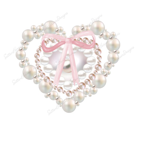 Coquette Pearl Heart with Pink Ribbons illustration PNG, Coquette pearls pink ribbon bows png