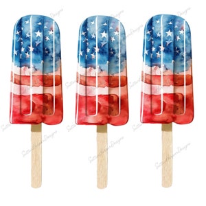 May include: Three red, white, and blue popsicles with wooden sticks. The popsicles are decorated with a watercolor design of the American flag.