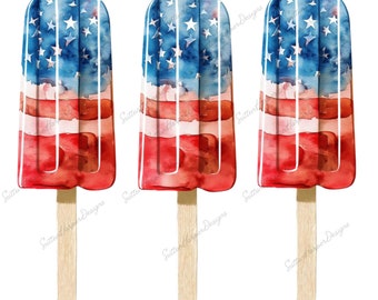American Flag Popsicles PNG, Red White & Blue Popsicles watercolor Illustration PNG, Cute 4th of July PNG, Patriotic Summer png, trendy png