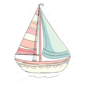 Cute Pastel Sailboat Cartoon Illustration Clipart png, Cute Sailboat png, sailboat cartoon png, sailboat clipart png, pink sailboat png
