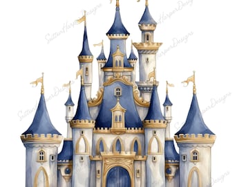 Blue fairytale magical castle clipart png, castle watercolor clipart little princess prince clip arts nursery clipart fairy kingdom png