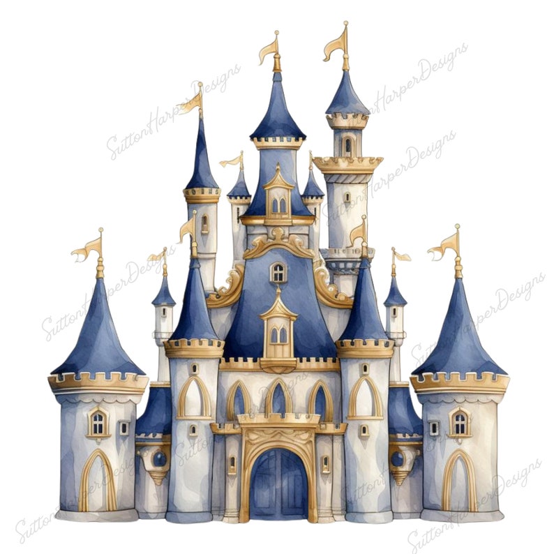 May include: A watercolor illustration of a blue and gold castle with multiple towers and spires. The castle has a large, arched entrance with a dark blue door.