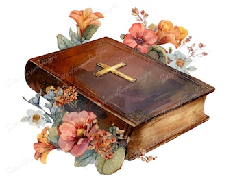 Bible png, Christian Bible png, Christianity clipart, Watercolor bible flowers png, bible with flowers png, christian png, bible clipart