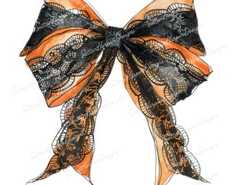 Fita de renda preta e laranja de Halloween amarrada em um laço PNG, laço de halloween png, coquete halloween png, fofo halloween png, tendências pngs