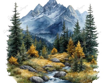 May include: A watercolor painting of a mountain range with a stream flowing through a forest. The mountains are blue and white, and the forest is green with yellow and orange trees. The stream is blue and white, and there are rocks in the stream.
