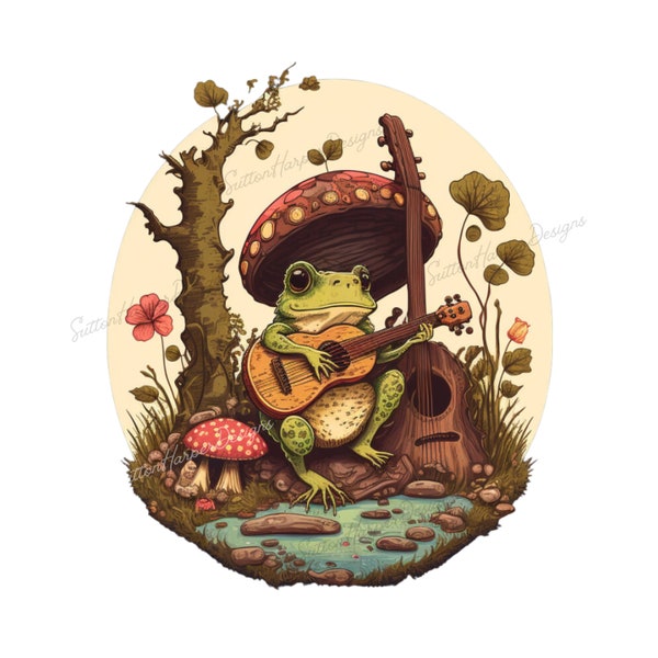 Cottagecore Dark Academia Frog Playing Guitar PNG, Toad Playing Guitar PNG, Cottage Core Frog Toad PNG, Frog Pngs