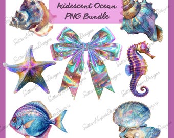 Iridescent Ocean PNG Bundle, Seashell PNG Bundle, iridescent pngs
