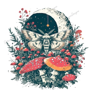 Puede incluir: Una ilustraci&oacute;n caprichosa de una polilla con las alas extendidas, posada sobre un grupo de setas rojas y naranjas. El fondo presenta una luna creciente con estrellas y un orbe brillante.
