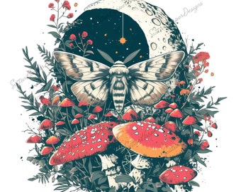 Cottagecore Moth Moon png, celestial cottagecore moth png, mushroom png, cottagecore mushroom png, trendy png, moth png, forest png