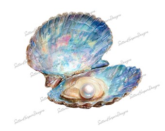 Iridescent Clam Shell with Pearl PNG, Pearl png, ocean png, seashell png, beach png, pearl illustration