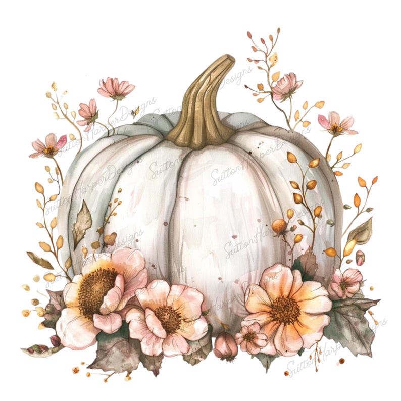 May include: A white pumpkin with a light brown stem surrounded by blush pink and yellow flowers. The pumpkin is surrounded by leaves and stems in shades of brown and green.