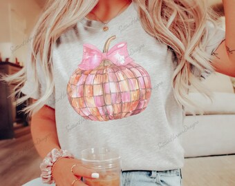 Pink Coquette Disco Ball Pumpkin with Bow PNG, Cute Pink Pumpkin Png, Retro Pumpkin png, Coquette Halloween PNG, Disco Ball Pumpkin PNG